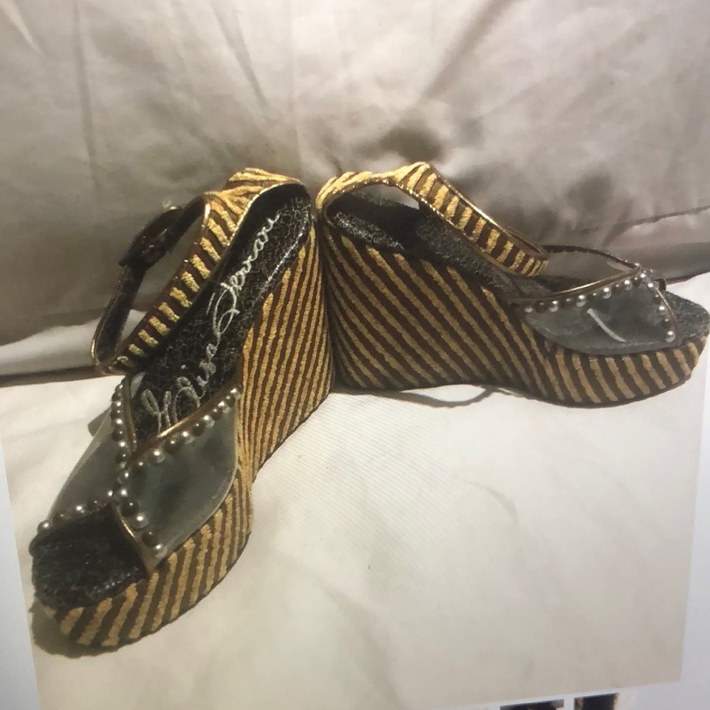 ELISA Ferrari $535 Lucite studs gold chenille high wedge handmade shoe size 6